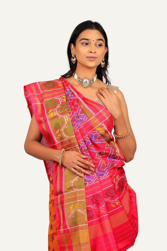 Pink with Mustard Yellow Rajkoti Patola Saree