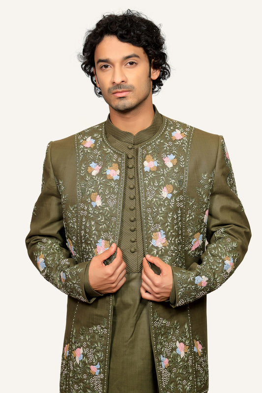 Green Silk Indowestern With Thread Work & Hand Work