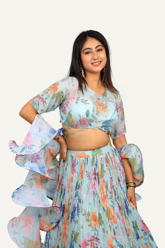 Georgette Floral Print Lehenga Choli with Hand Work Blouse & Ruffle Dupatta
