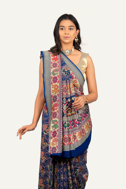 Banarasi Georgette Minakari Work Bandhni Saree with Patola