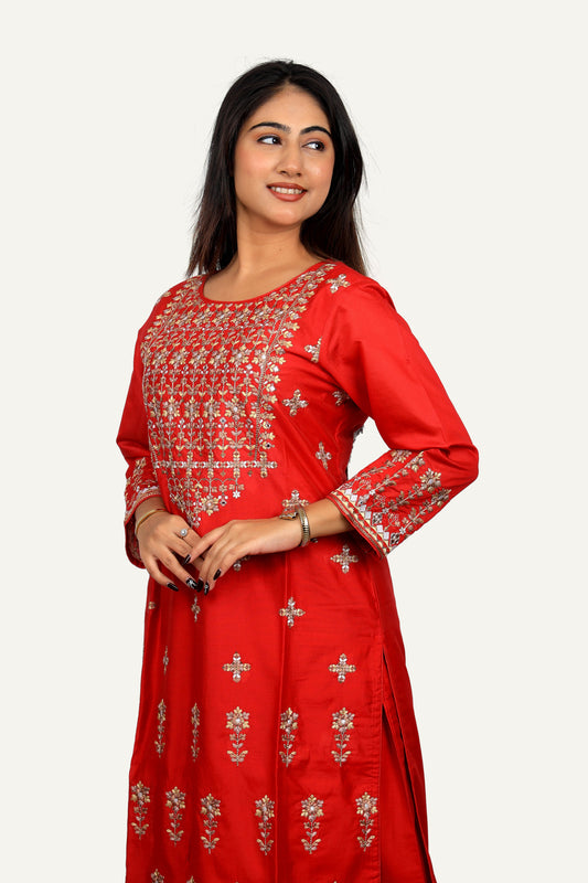 Tomato Red Thread Work Chanderi Silk Plazopant