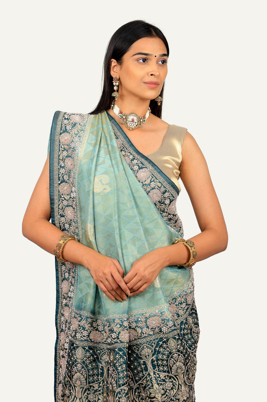 Pista Green Crepe Silk With Banarasi Weaving Saree