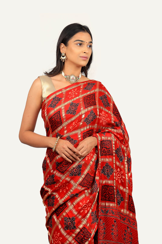 Gaji Silk Checks Ajrakh Print Saree with Lagadi Patta