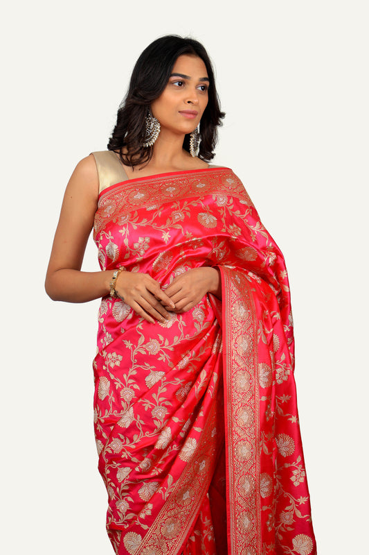 Pink Pure Katan Silk Saree with All Over Jal Weaving