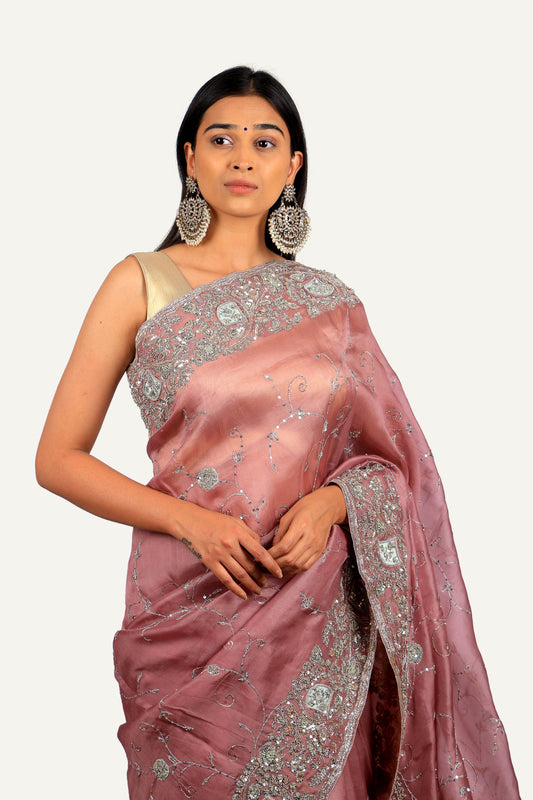 Onion Pink Organza Jal With Hand Work Saree
