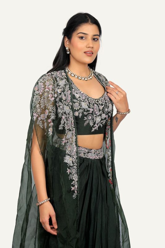 Green Organza Shrug with Zardosi Hand Work and Drape Skirt and Blouse