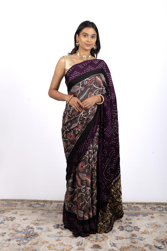 Modal Silk Kalamkari Print Saree with Bandhej Work Baluchari Zari