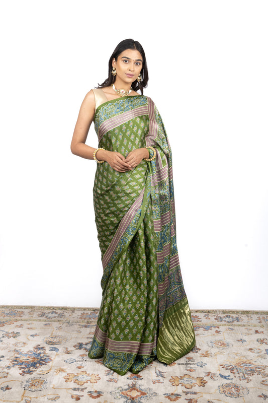 Modal Silk Kalamkari Print Saree with Lagadi Patta