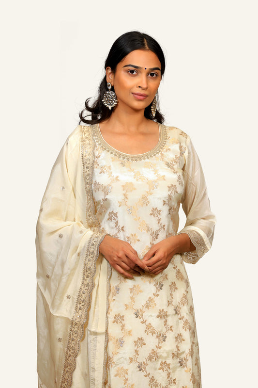 Off White Banarasi Dress with Plazzo and Dupatta