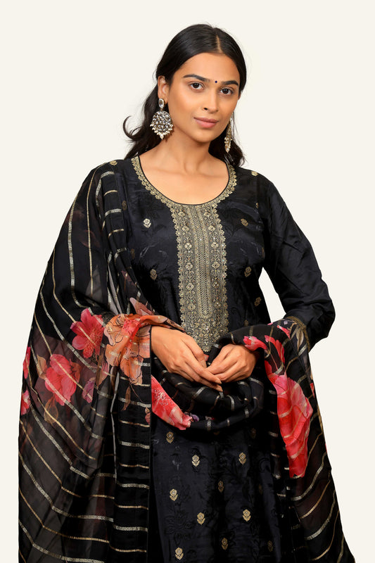 Black Banarasi Silk Dress with Machine Work