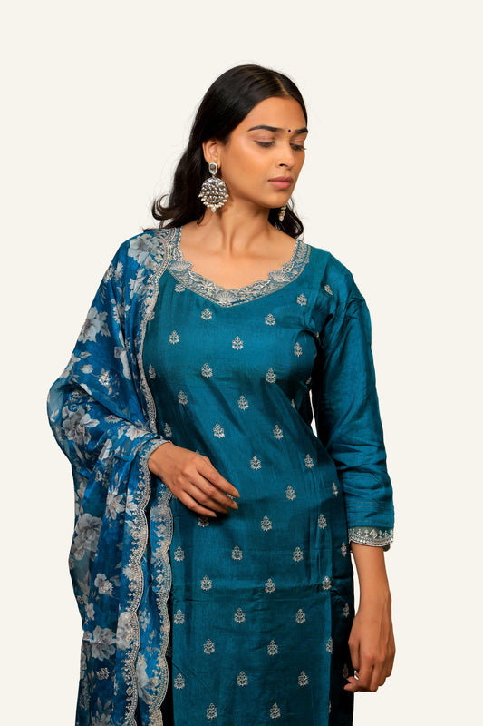 Blue Silk Suit Set With Machine Work & Chiffon Printed Dupatta