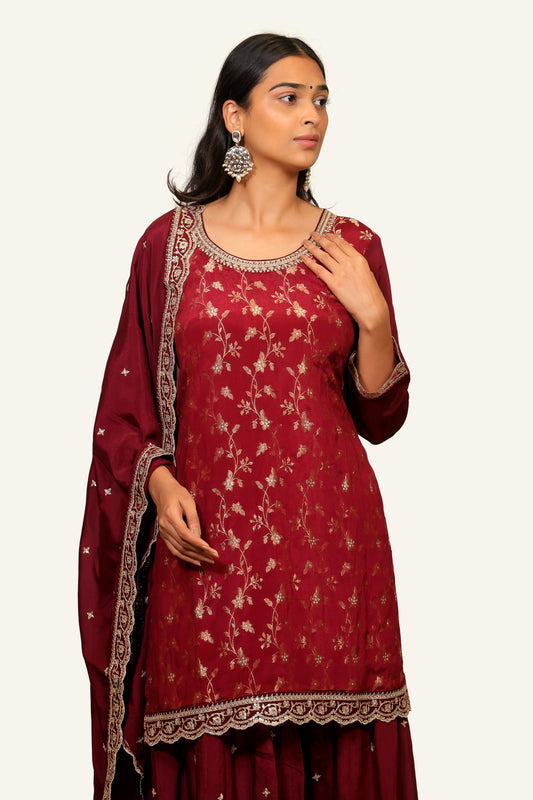 Wine Banarasi Work Plazo Set