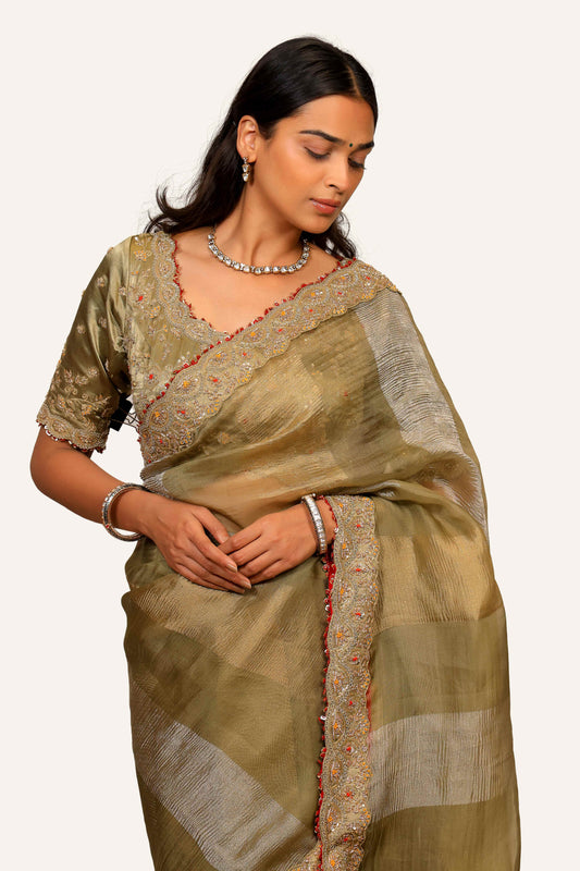 Organza Tissue Saree With Handwork & Ready Slik Blouse
