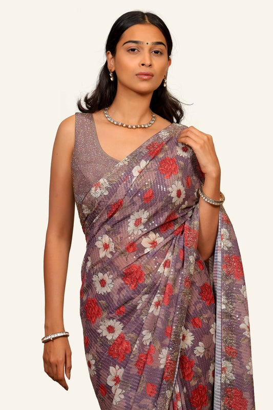 Purple Georgette Saree With Swarovski Work Ready Blouse