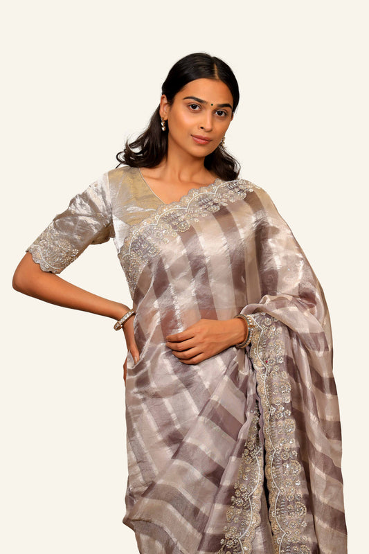 Tissue With Hand Work Border Saree With Ready Blouse