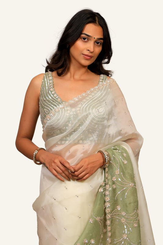 Soft Organza Ombre shade Hand Work Saree with Full Hand Work Ready Blouse