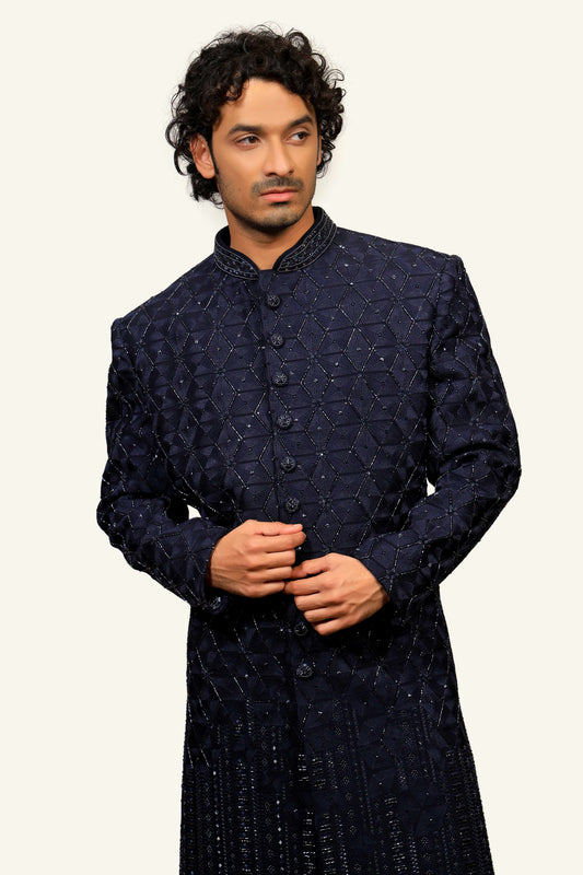 Dark Blue Hand Work Nawabi Style Indowestern