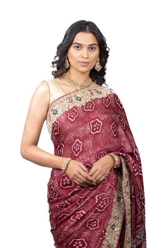 Samo Satin Ajrakh Print Saree with Handwork Border
