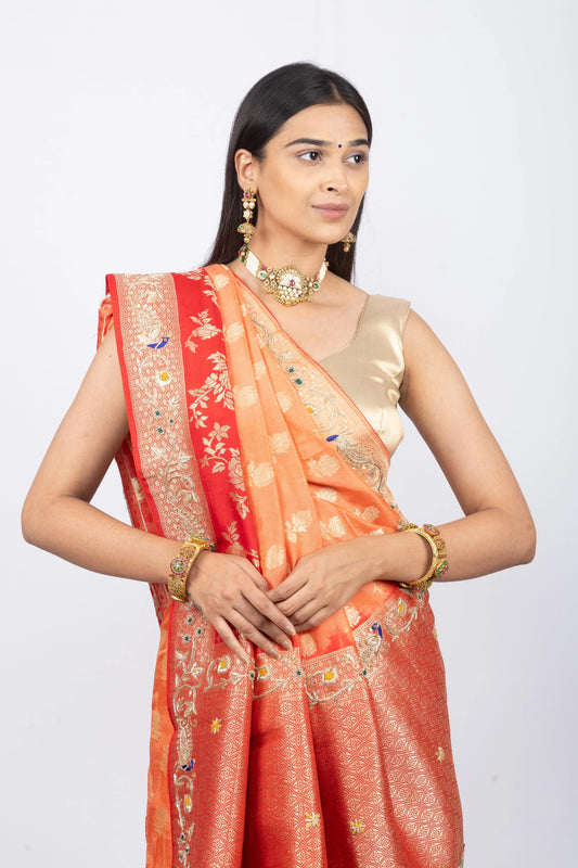 Peach With Red Munga Silk Dual Shade Hand Work Saree