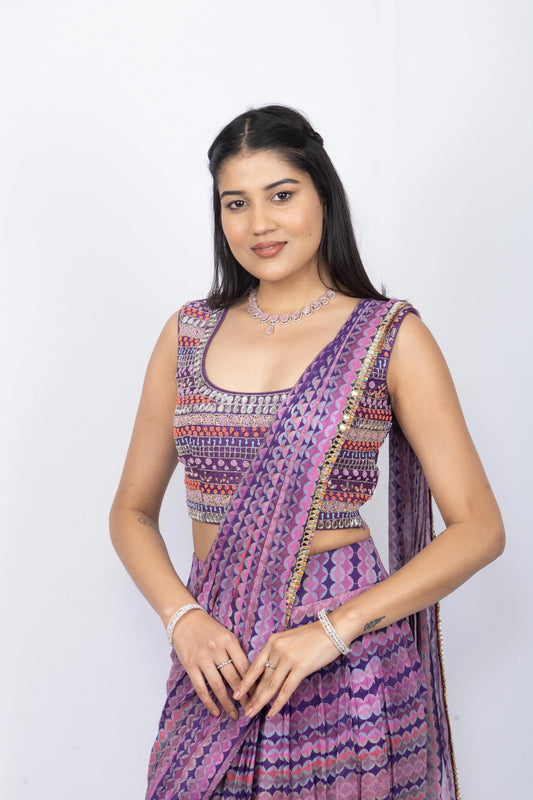 Purple Georgette Ready To Wear Heavy Blouse Saree