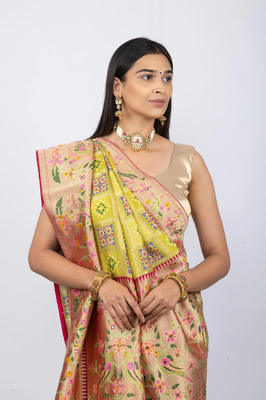 Mehendi Green Munga Silk With Banarasi Weaving & Swarovski Work Saree