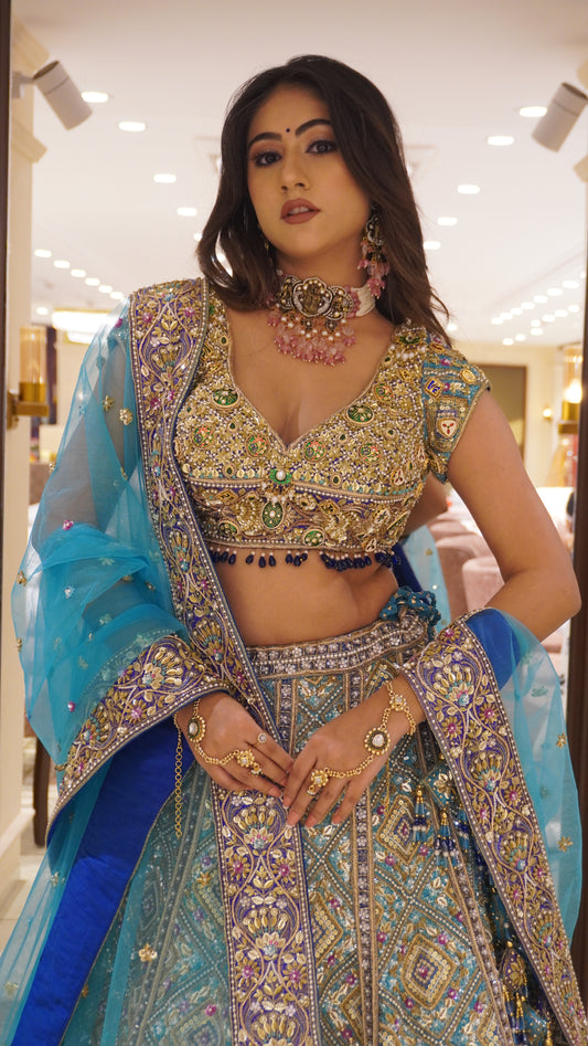 Elegance Sky Blue Handcrafted Lehenga Choli