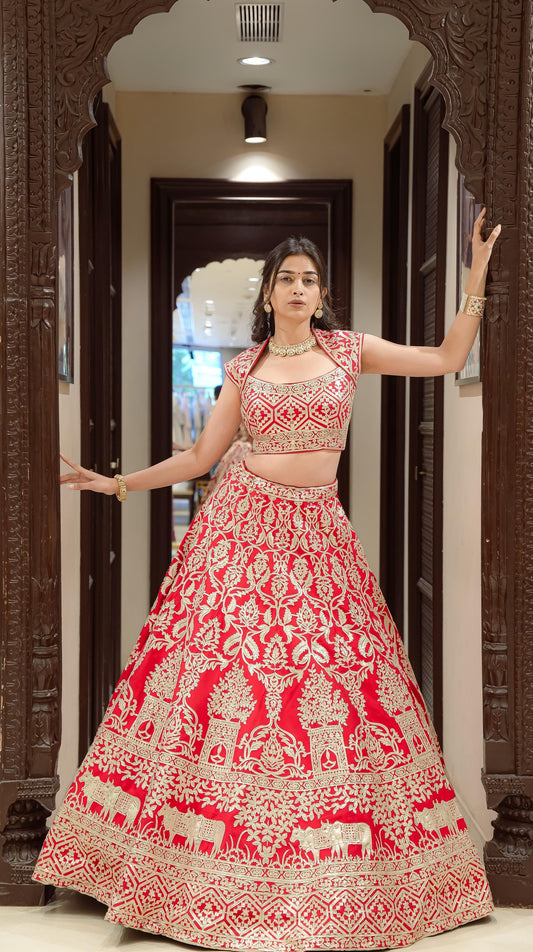 Stunning Red Leather Work Lehenga Choli with Designer Blouse