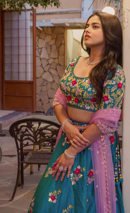 Turquoise Blue 3D Handwork Lehenga Choli in Pure Raw Silk