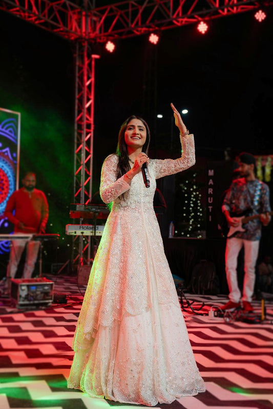 Regal Off White Long Lacha with Exquisite Handwork