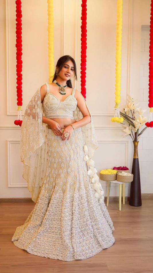 Luxurious Cream Organza Cape Style Lehenga Choli with Designer Blouse