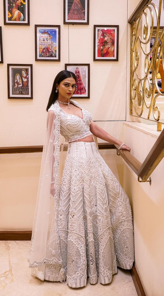 Milky White Pure Raw Silk Lehenga Choli with Mirror & Pearl Handwork