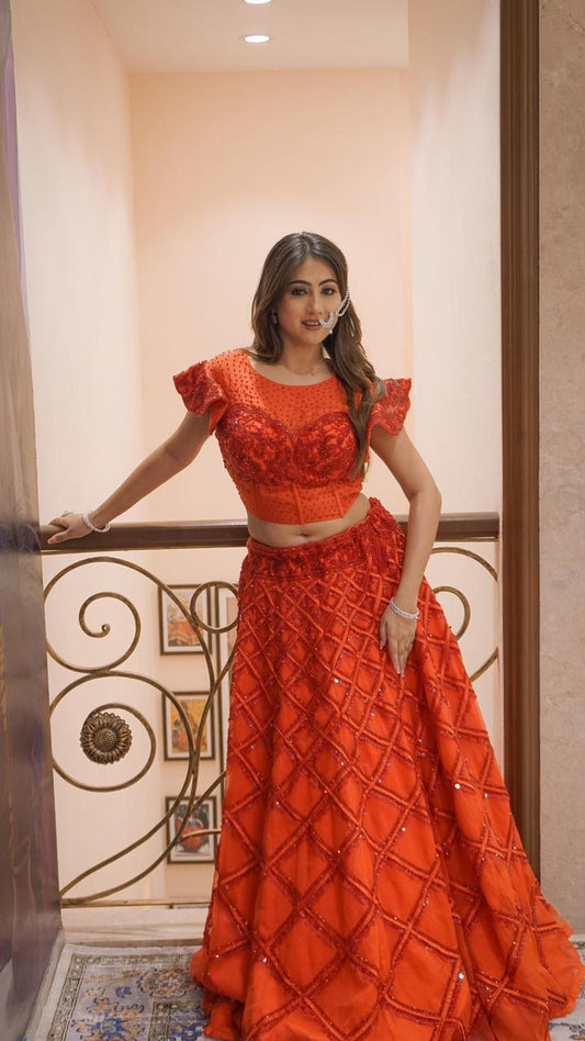 Red Organza Designer Lehenga Choli with Swarovski & Sequence Handwork