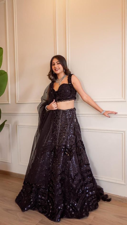Black Raw Silk Mirror Work Lehenga Choli with Handwork