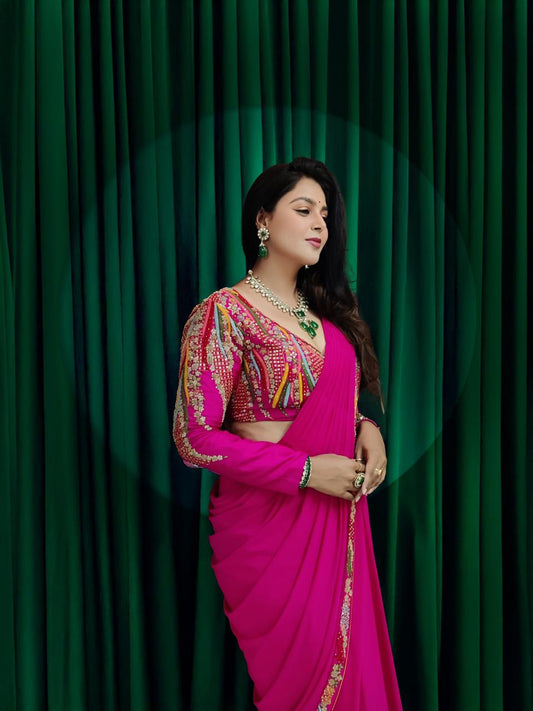 Rani Pink Lycra Ready-to-Wear Saree with Handwork Blouse
