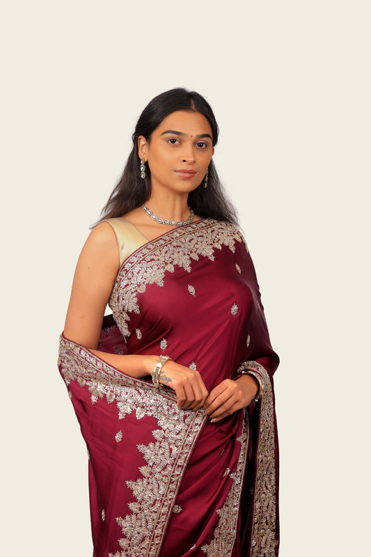 Wine Satin Silk Heavy Hand Work Border & Butti Saree