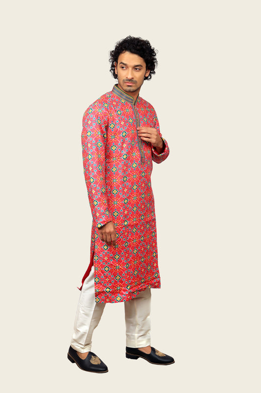 Pink Color Silk Patola Print Kurta Set