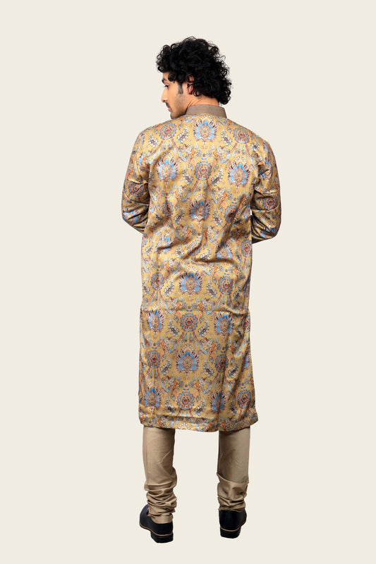 Mustard Colored Satin Silk Digital Prints Kurta Set