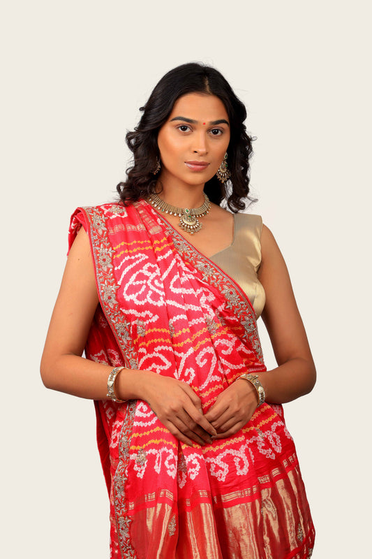Gaji Silk Checks Bandhani with Lagadi Patta Saree