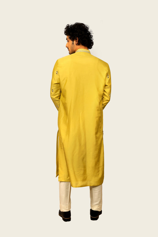 Silk Kurta Set With Mirror Work Neck Line & Butti Neon Green Colored
