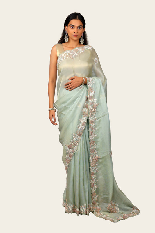 Shimmer Tissue Zardosi with Resam Handwork Saree