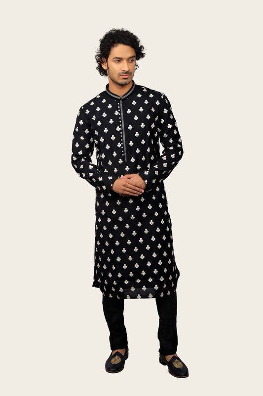 Silk Black Kurta Set With Thread Work