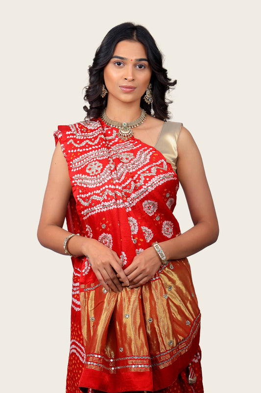 Gaji Silk Lagdi Patta Bandhani handwork Saree With Border Butti