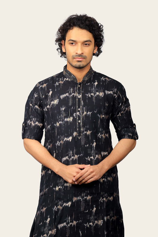 Silk Printed Kurta Set Black Color