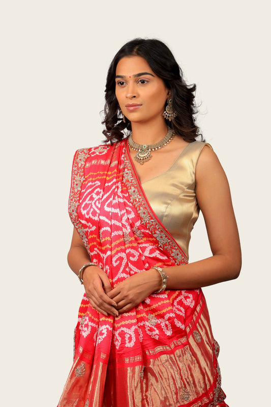 Gaji Silk Checks Bandhani with Lagadi Patta Saree