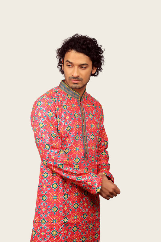 Pink Color Silk Patola Print Kurta Set