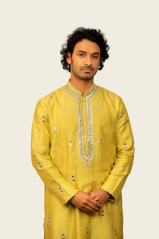 Silk Kurta Set With Mirror Work Neck Line & Butti Neon Green Colored
