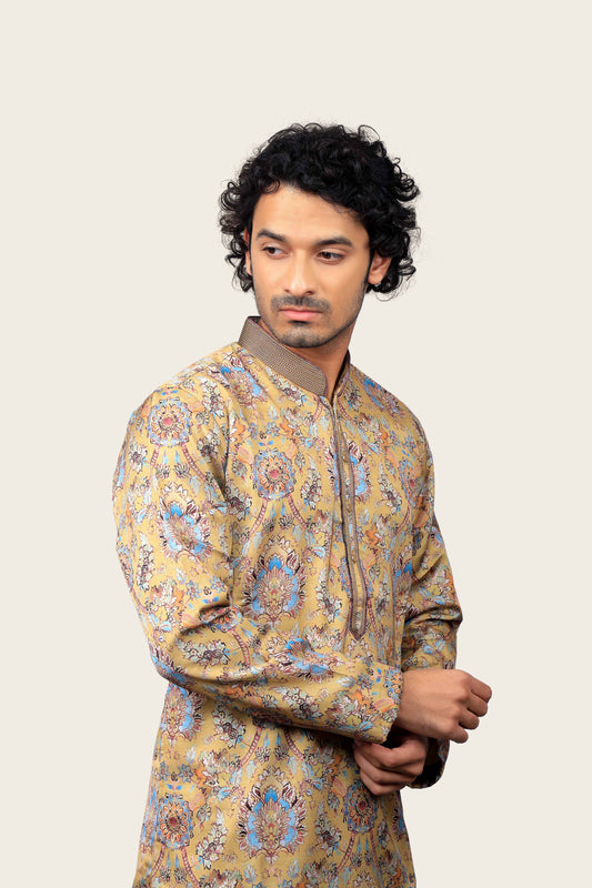 Mustard Colored Satin Silk Digital Prints Kurta Set
