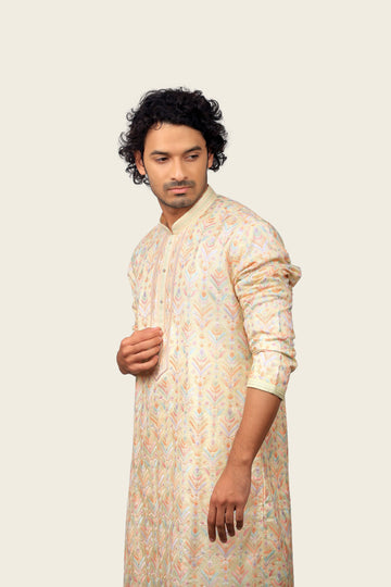 Silk Kurta Set With Multi Color Resham Work Embroidery Light Lemon Yellow Color