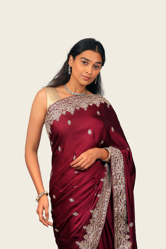 Wine Satin Silk Heavy Hand Work Border & Butti Saree