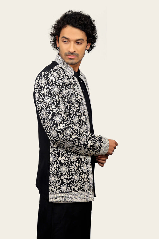 Silk Black Indowestern With Mirror & Thread Work Jacket Black Color